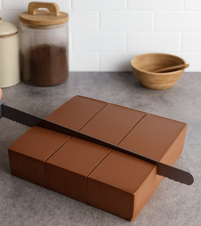 Čokoladni desert kocke koje se precizno sijeku nožem na radnoj površini.“