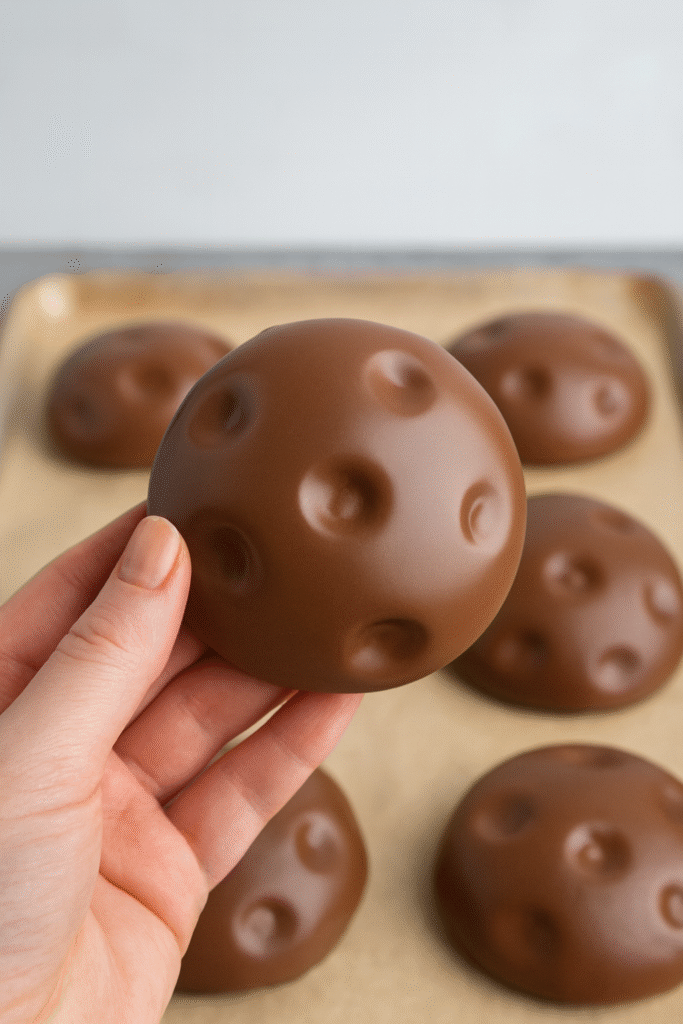 “Domaći čokoladni keks premazan glazurom, držan u ruci iznad tacne sa pečenim keksima.”