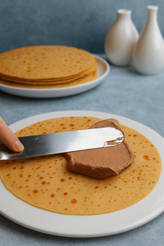 alt="Chocolate crepes cake recept – mazanje čokoladne kreme na tanku palačinku za tortu"