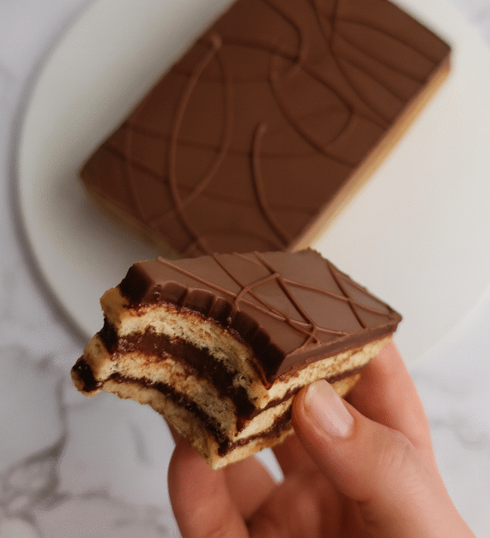 „Trokatni kolač sa čokoladom u ruci ispred cijelog deserta sa glazurom“ „Trokatni kolač sa čokoladom u ruci ispred cijelog deserta sa glazurom“