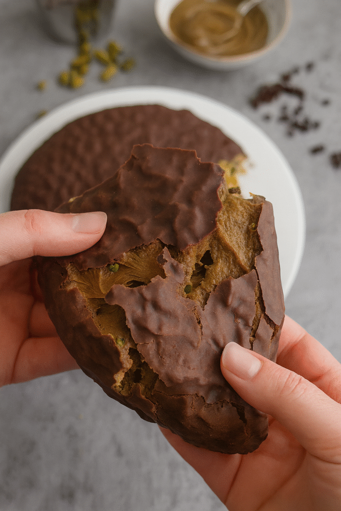 Ruke lome veliki čokoladni kolač punjen pistacijama, otkrivajući kremastu zelenu unutrašnjost ispod hrskavog čokoladnog omotača.