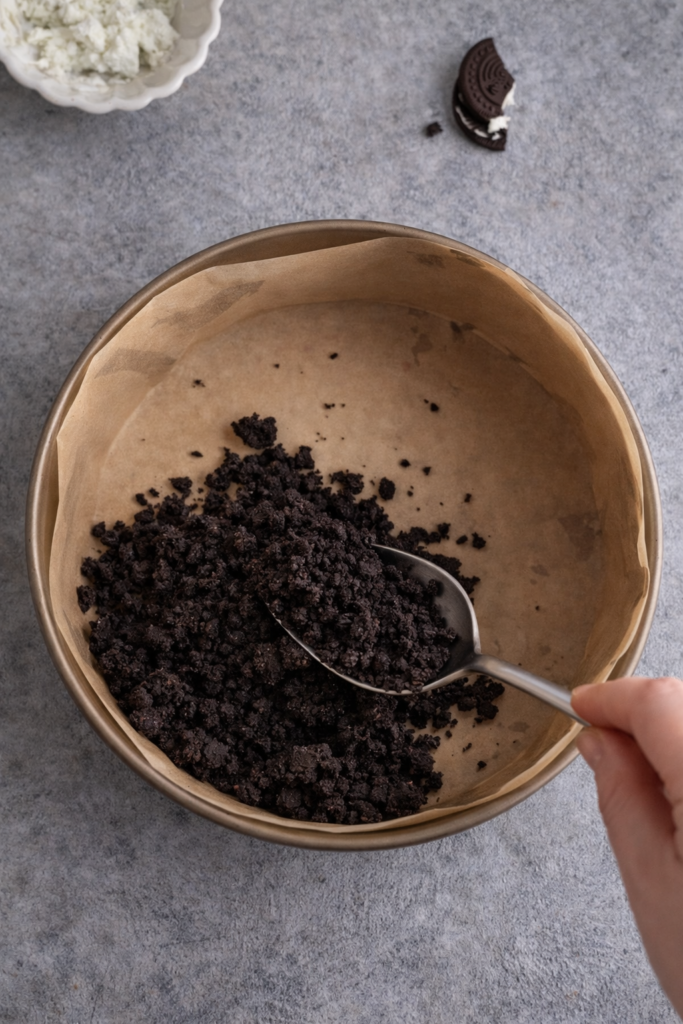 Priprema podloge za čizkejk, usitnjeni kakao keksi u kalupu